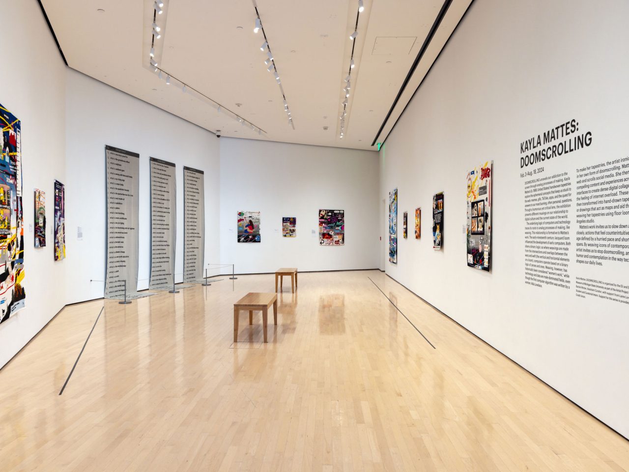 Wide angle of DOOMSCROLLING gallery showcasing woven art