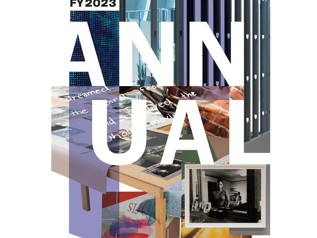 MSU Broad Art Museum Annual Report cover. Features a collage of works found in the collection with the word ANNUAL printed over top.
